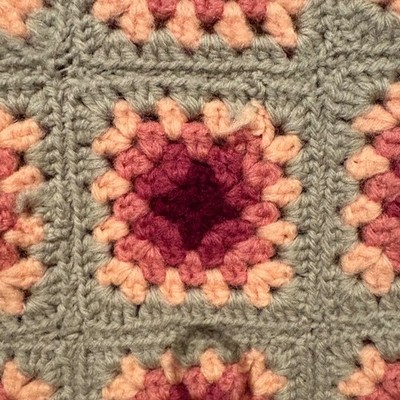 VTG Crochet Afghan Blanket Throw Handmade Granny Square Pink Peach Gray 42 x 62
