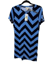 New Michael Kors Lt Blue & Navy Short Sleeve Chevron Dress SZ Med Silver Zip