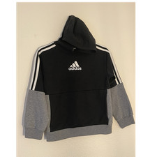 adidas Boys Pullover Hoodie Black Gray White Size S Regular Fit Logo Pockets