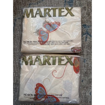 Vintage Martex Volante Butterfly King Flat & Cal King Fitted Sheet Set NOS 70s