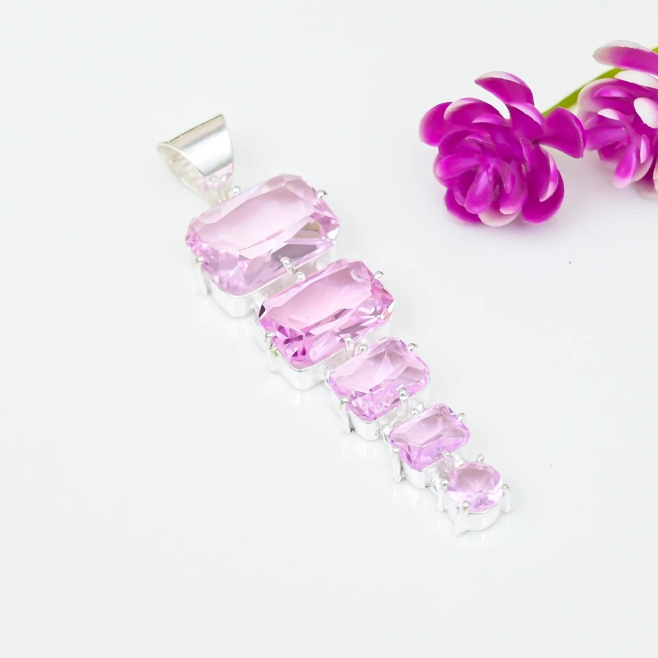 Colgante de plata de ley 925 con piedras preciosas de kuncita rosa hecho a mano joyería fina regalo para Foto 3 de 4
