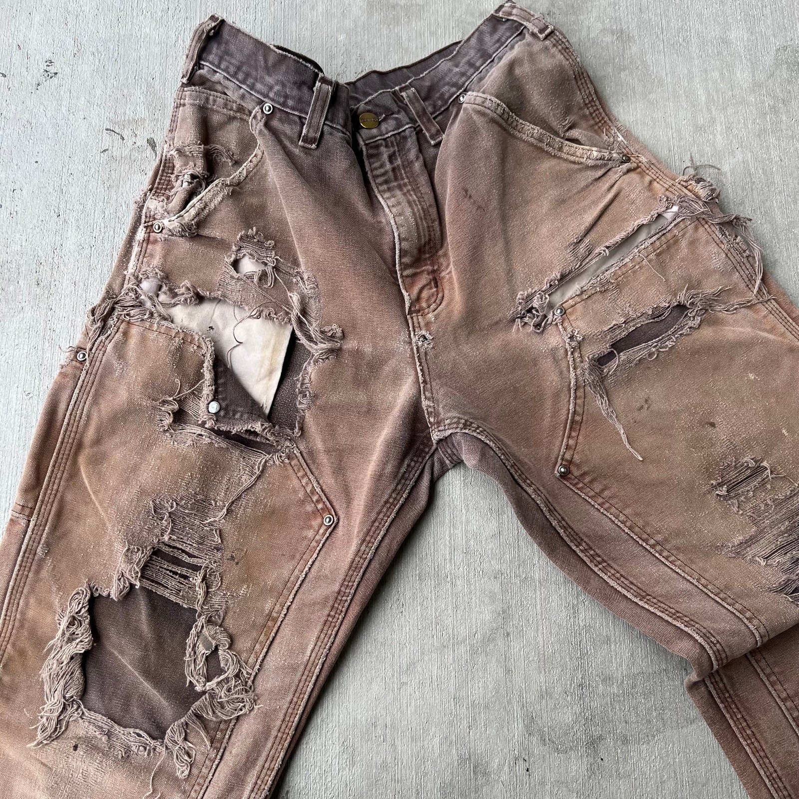Carhartt brown faded thrashed double knee work wear carpenter pants thumbnail 4