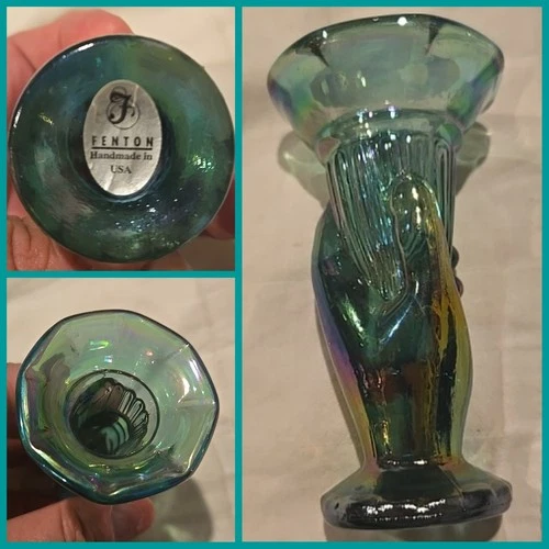VTG Fenton Glass Hand Torch Flower Bud Vase w/ LABEL Blue Iridescent Antique !