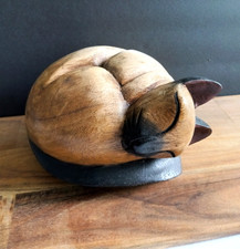 Vintage Hand Carved Sleeping Siamese Cat Wood...