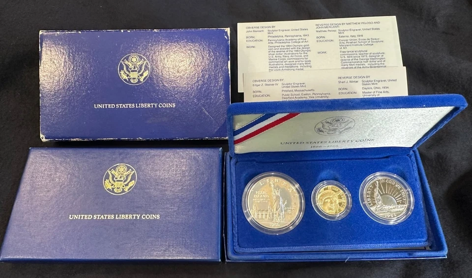 1986 Statue of Liberty Commemorative 3 Coin Silver & $5 Gold Proof Set, C8478 - Image 3 of 4
