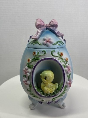 Lefton Bisque Porcelain Egg Shaped Lidded Easter Trinket Box Footed Chick READ
