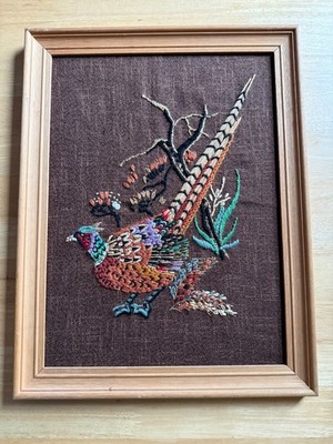 Vintage Crewel Stickerei Fasan gerahmt Nadelspitze Kunst