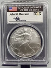 2007-W JOHN MERCANTI SIGN BURNISHED AMERICAN SILVER EAGLE. PCGS SP70.