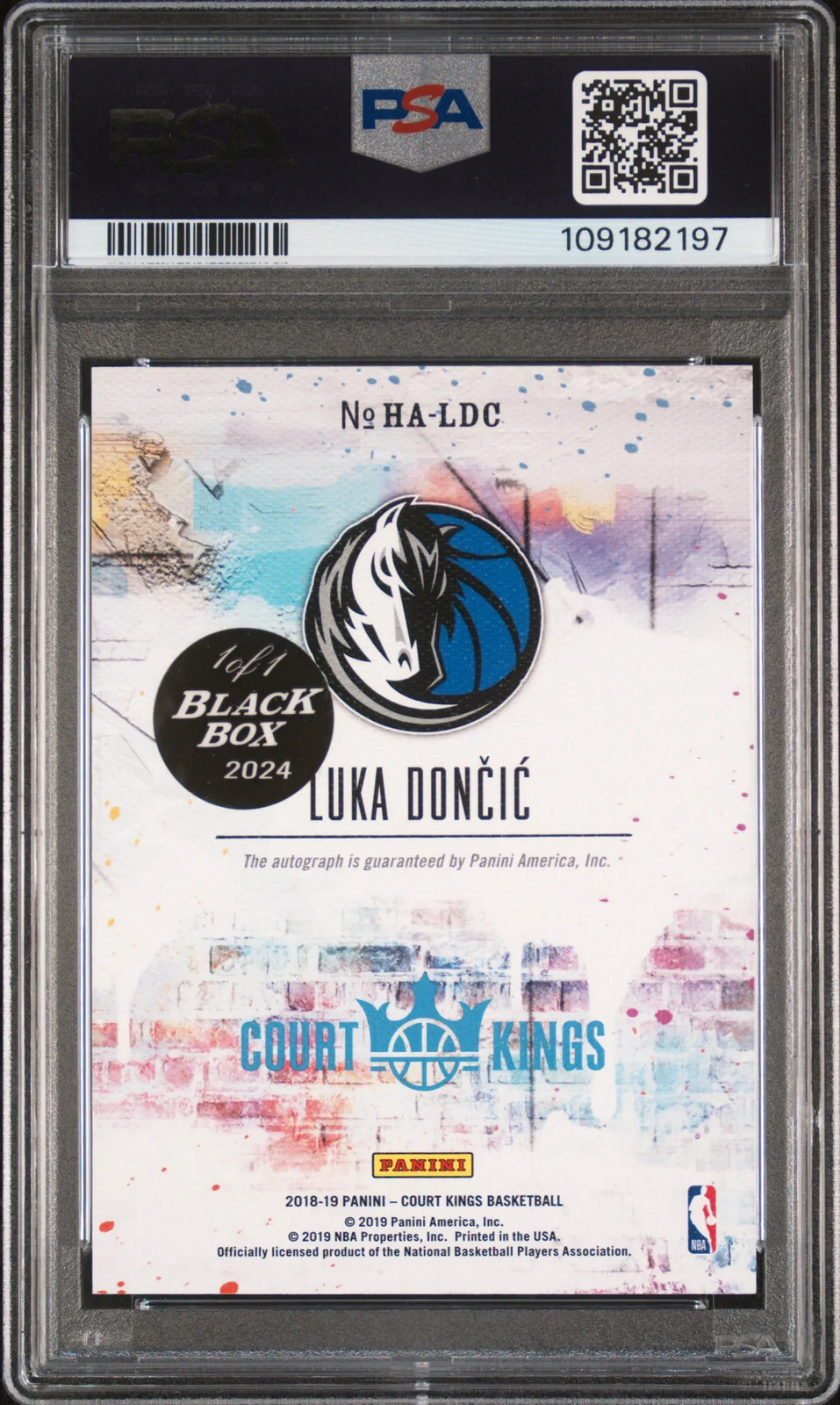 2024 Panini Black Box Luka Doncic 2018 Court Kings Heir Rookie 1/1 PSA 9/10 Auto view 2