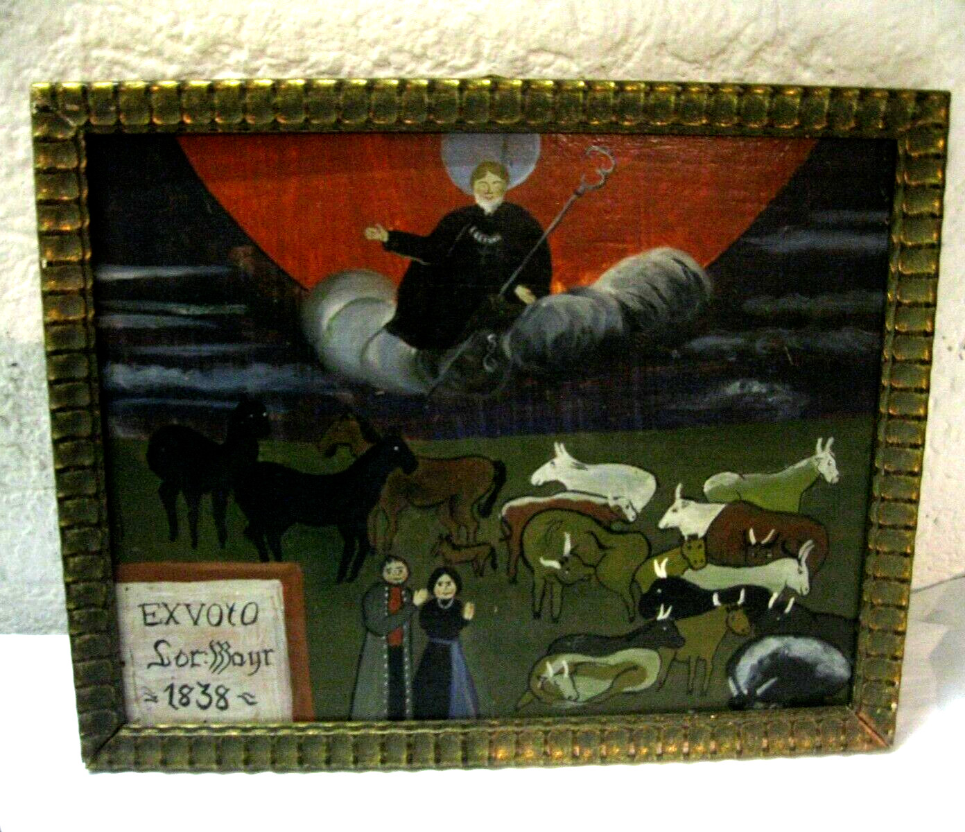 Antike Votiv Tafel Ex Voto 1838, Öl auf Spanholzplatte Votiv Bild Hl. Leonhard