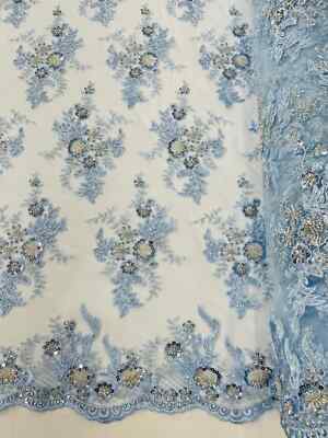 Beaded Sequins Floral Fabric - Baby Blue Embroidered Beaded Sequins ...