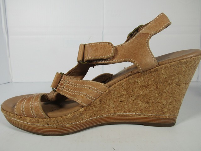 Clarks High Wedge Heel Brown Tan Cork Boho Strappy Sandals Sz 8 M 65590 | eBay