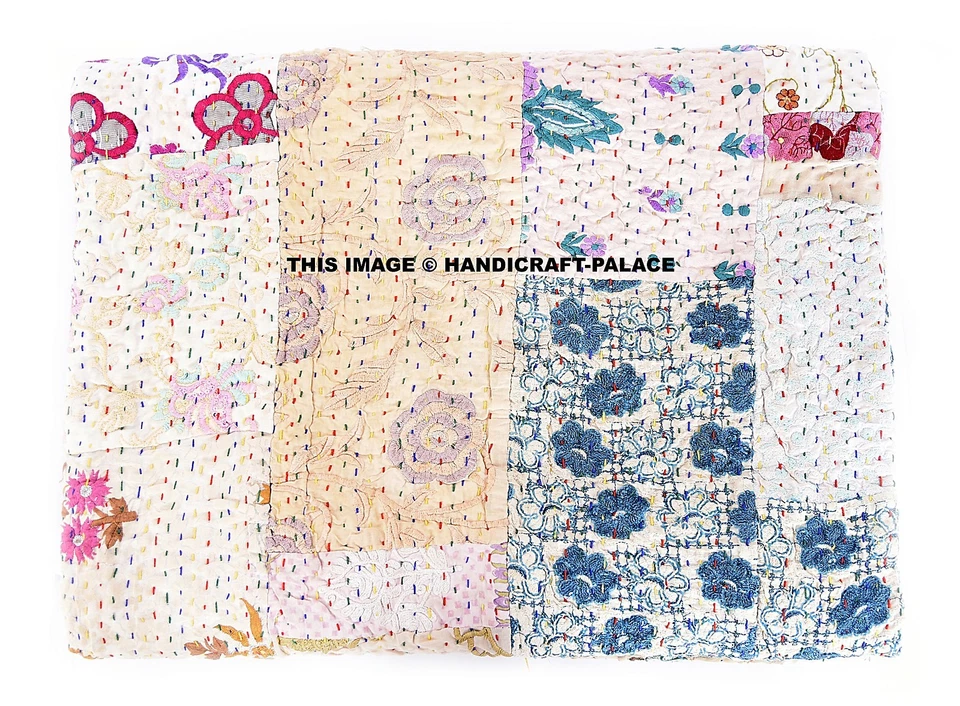 Edredón indio - Edredón vintage antiguo Patola 100 % seda Sari Kantha acolchado retazos Foto 2 de 4