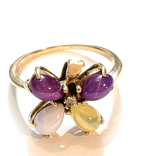 Beautiful 10K Yellow Gold Multi Gemstone & Diamond Flower Size 6.5 Ring 3.3 Gram - Picture 8 of 8