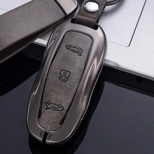 Gray Zinc Alloy Leather Car Remote Key Fob Case Cover For Tesla Model 3 S Y NEW - Bild 2 von 8