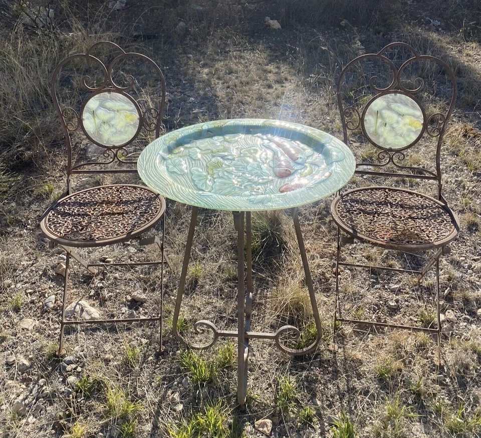 Vintage Wrought Iron Glass Koi Top Table and 2 Lily Pad Glass Tile Folding Chair - Image 2 of 4