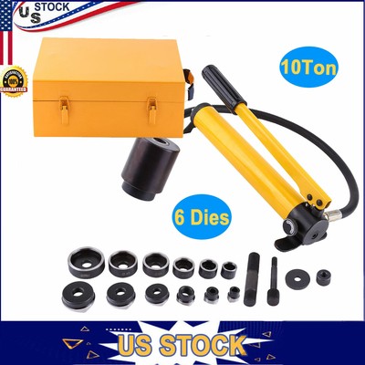 10 Ton Hydraulic Knockout Punch Hand Pump Hole Hand Tool Driver Kit with 6 Dies
