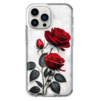 For Apple iPhone 13 Pro Shockproof Hybrid Case, White Marble Red Roses