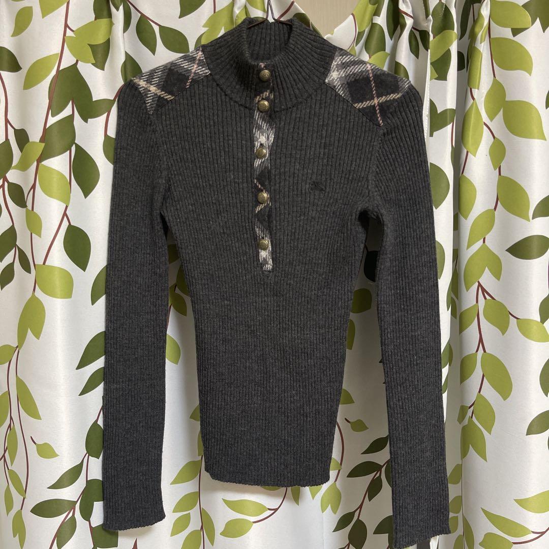 Burberry Blue Label Knit Turtleneck Sweater Dark Gray Gold Buttons Used