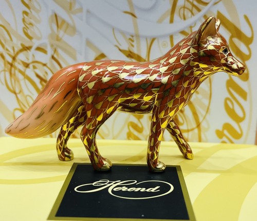 HEREND RED FOX FIGURINE 24K GOLD FISHNET pattern ,BRAND NEW BOXED,4 inches long - Picture 2 of 5