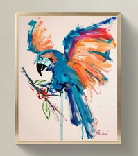 Expressive Blue and Yello Macaw Acrylic Painting on Canvas – Original Signed Art
