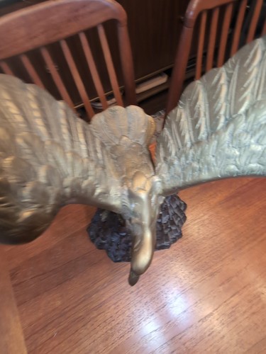 BRASS VINTAGE AMERICAN EAGLE STATUE SITTING ON Mountain 18" Tall - Picture 5 of 13