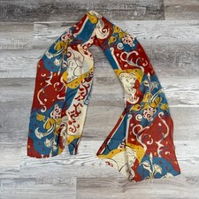 Vintage Silk 60s 70s Figural Art Print Long Scarf Red Blue Woman Floral 66"