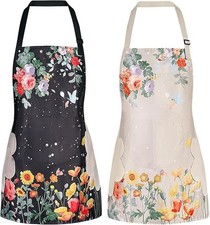 2 Pack Floral Aprons with Pocket Blooming Womens Waterproof Adjustable Cookin...