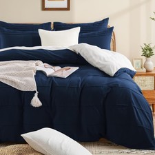 100 Organic Cotton Duvet Cover Queen Size, Linen Like Pleated Textured Navy
