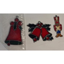 Lot Of 3 Stained Glass Sun Catchers Xmas Bells Holly Toy Soldier