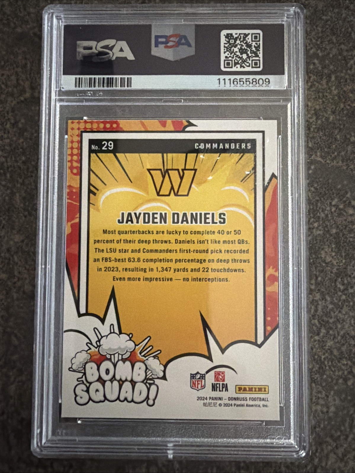 2024 Panini Donruss Bomb Squad Jayden Daniels #29 Rookie PSA 9 Commanders view 2