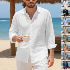 Mens Linen Shirt Long Sleeve Button Down Shirts Beach Breathable Tops Summer Cas