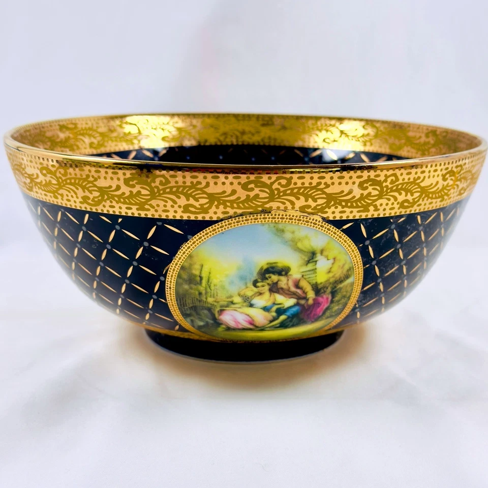 IMPRESIONANTE cuenco de porcelana grande francés de colección escena de cortejo azul cobalto y dorado Foto 4 de 4