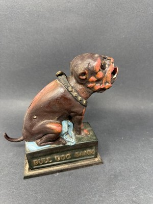Vtg Bulldog Mechanical Bank Cast Iron K9 Dog Collector Coin Book of Knowledge