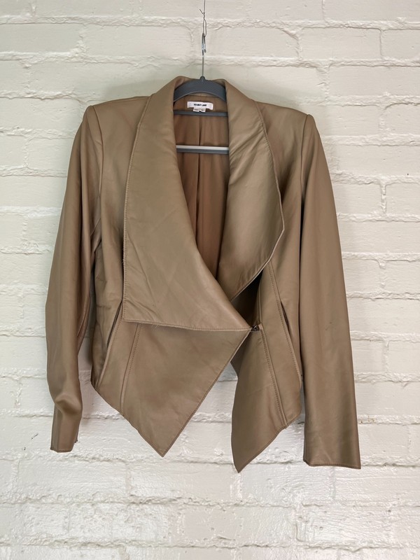Helmut  Lang Brown Taupe Asymmetrical Draped Lamb Leather Jacket Size Medium