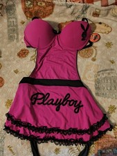 RARE NWT Playboy Lingerie Sz SMALL Pink Black Lace & Logo Bunny Costume Vintage
