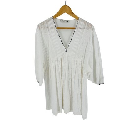 Zara White Eyelet Peasant Mini Dress Size M Boho Embroidered Puff Sleeve Cottage