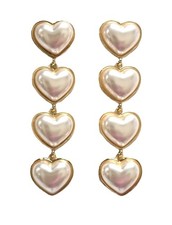 NATASHA GOLD TONE,LEAD FREE HEART SHAPE PEARL LONG DROP DANGLE EARRINGS