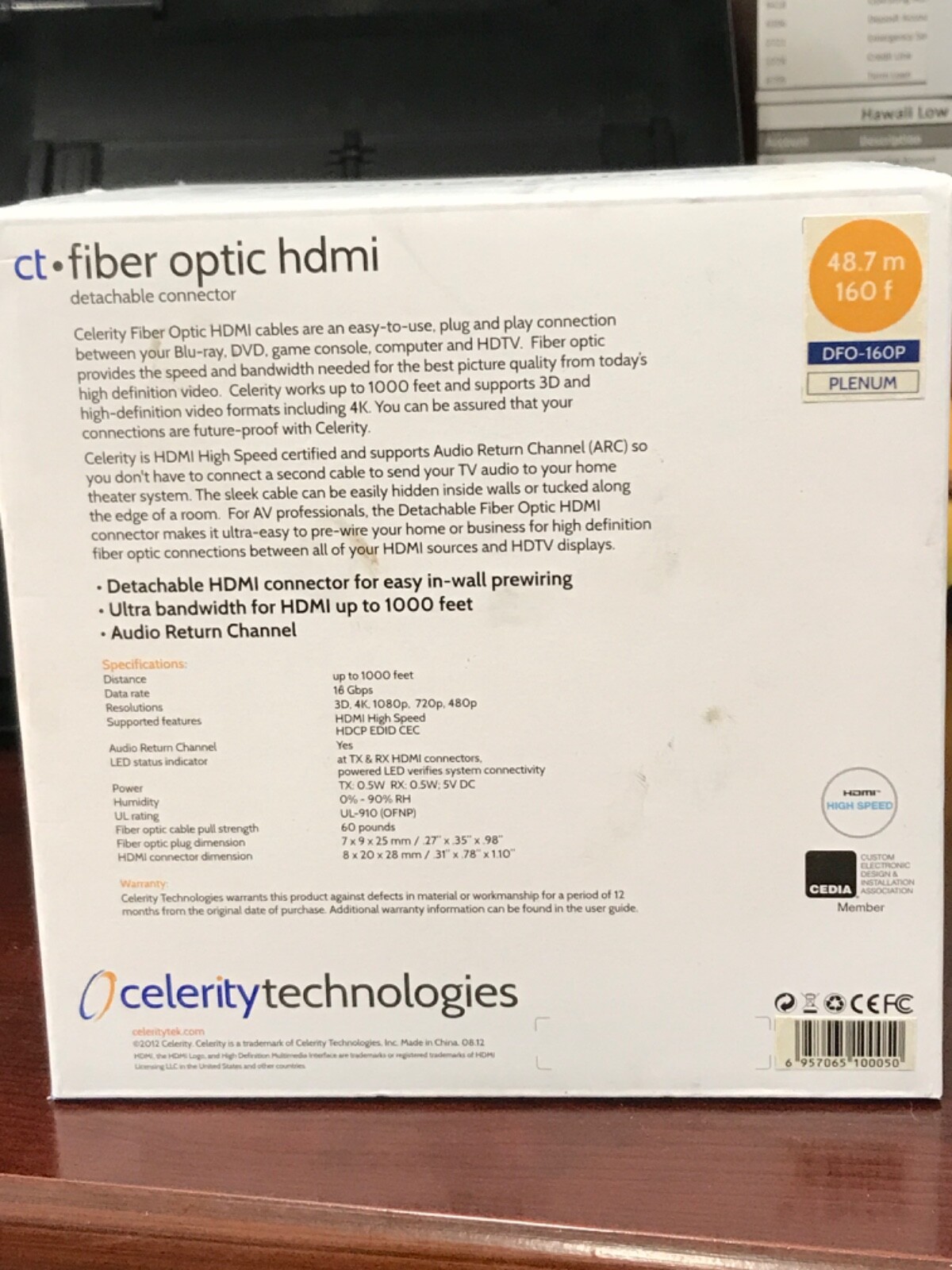 Celerity Fiber Optic HDMI Cable w/ Detachable connector 160f DFO-160P