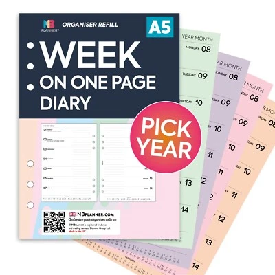 2026 or 2027 A5 Filofax COMPATIBLE Week on one page diary organiser refill