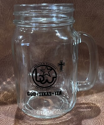 God Texas Tea 14oz  Glass Mason Jar Mug Barker & Wortman Fresh Coffee Advertise