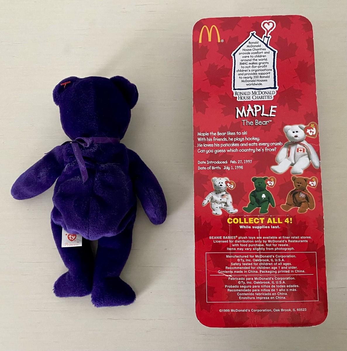 Lady Diana The Princess Beanie Baby & McDonald's Ty Maple Bears