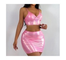 Women s 3Pc Metallic Pink Crop Top Mini Skirt Underwear Set Bodycon Outfit