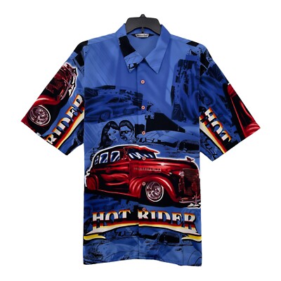 Million Guy Men Shirt XL Blue Hot Rod All-Over-Print Short Sleeve Camp Shirt