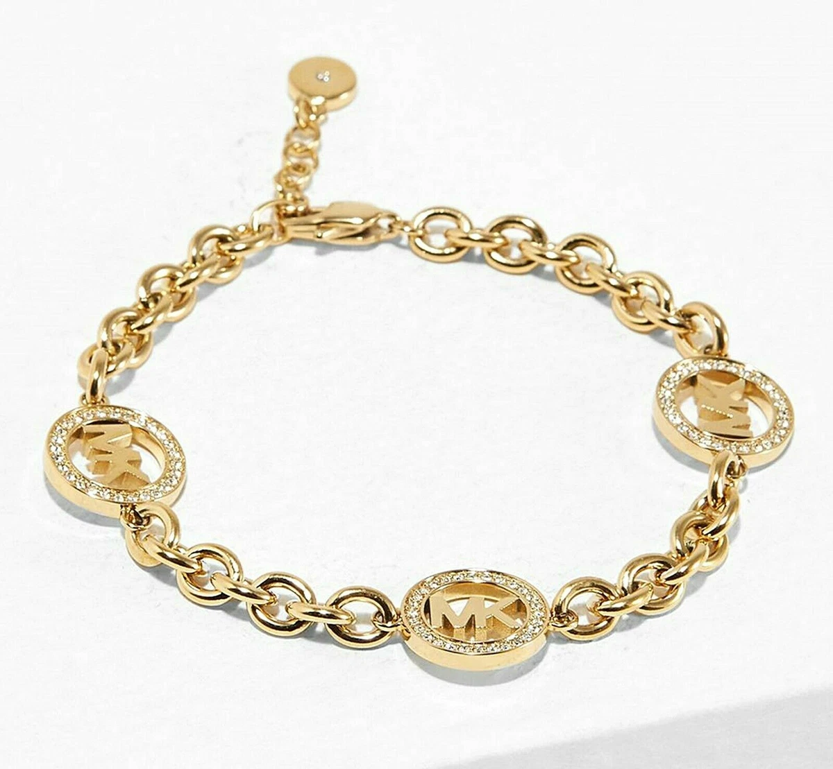 MICHAEL KORS Fulton Logo Yellow Gold Chain Bracelet Crystals 