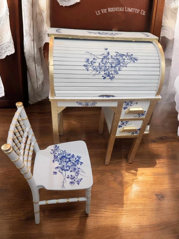 Antique 1940s Children's Teacup Blue & White Roll-Top Desk w/ Chair Vintage Cott - Image 2 of 4