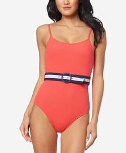 red belted swimsuit