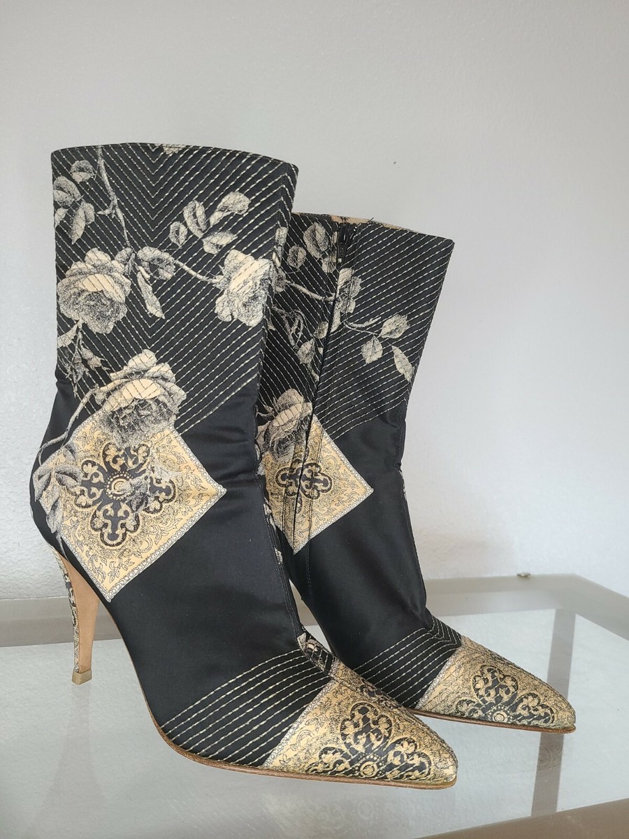 Roberto Cavalli Brocade Heel Boots, rose floral print black gold 39 US 