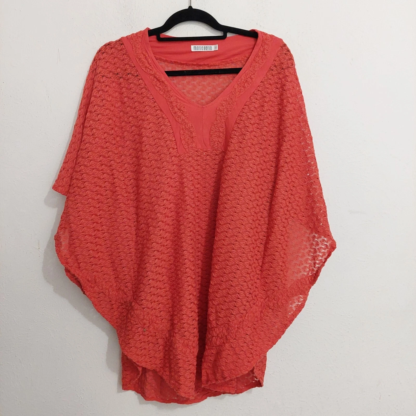 Mario Rerio Women's Burnt Orange Poncho Blouse Oversized Open Knit V Neck Size M