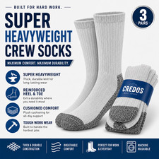 3 Pairs Gray Heavyweight Work Cotton Crew Socks Cushioned Reinforced Heel Toe